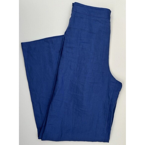 Magaschoni Womens Pants Size S Elastic Waist 100% Linen Wide Leg Blue High Rise - Picture 1 of 8